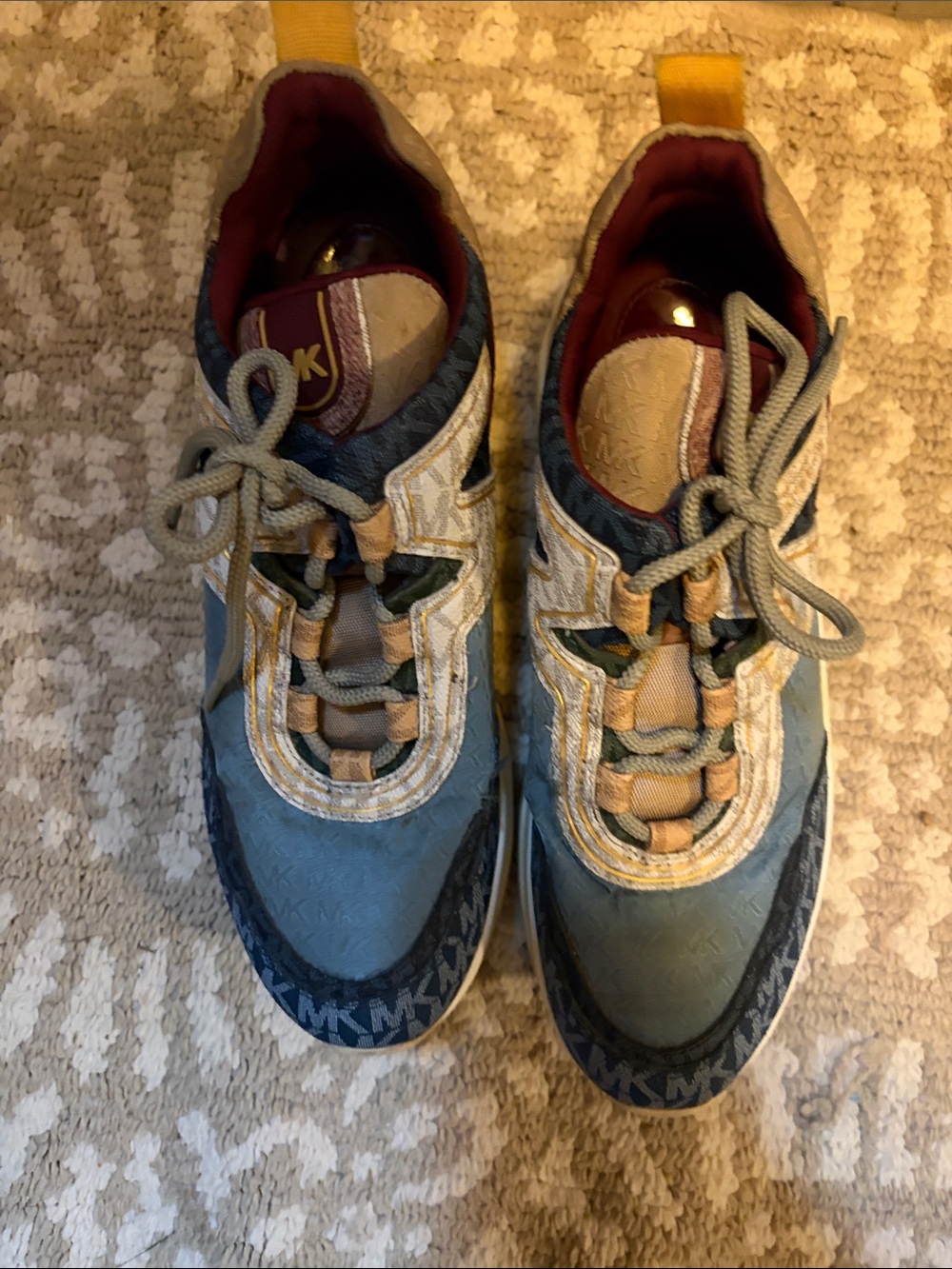 Michael Kors Blue and Yellow Leather-Trim Sneakers minor scuffs on white part